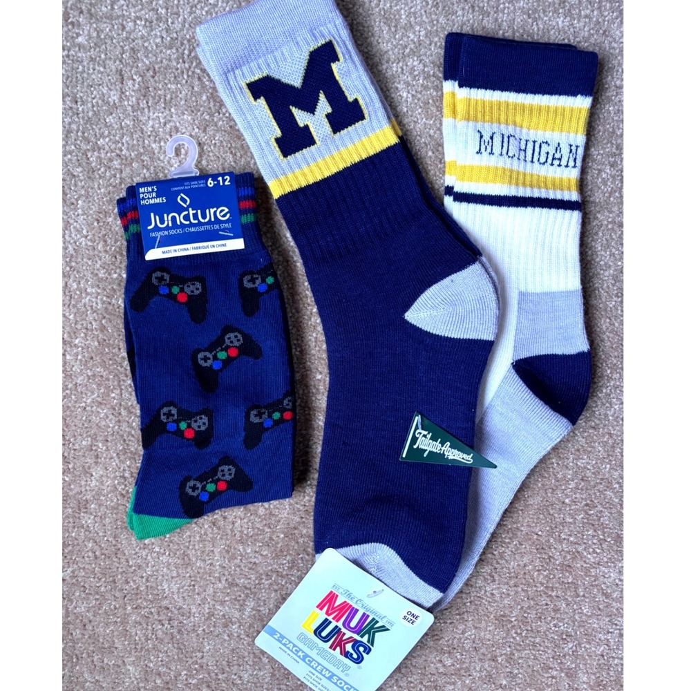 Mens Michigan Wolverines Muk Luks & Juncture Gamer Crew Socks 3 Pair Bundle 6-12